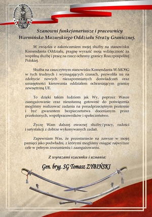 Podziękowanie gen. bryg. SG Tomasza Zybińskiego 